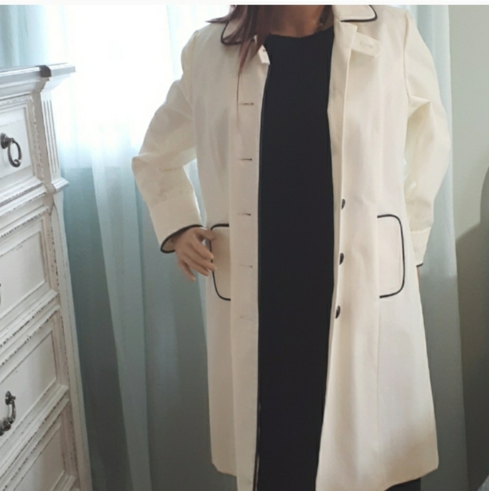 INC International Concepts Ivory Trench Coat Black Piping Button Front Medium - Picture 2 of 10
